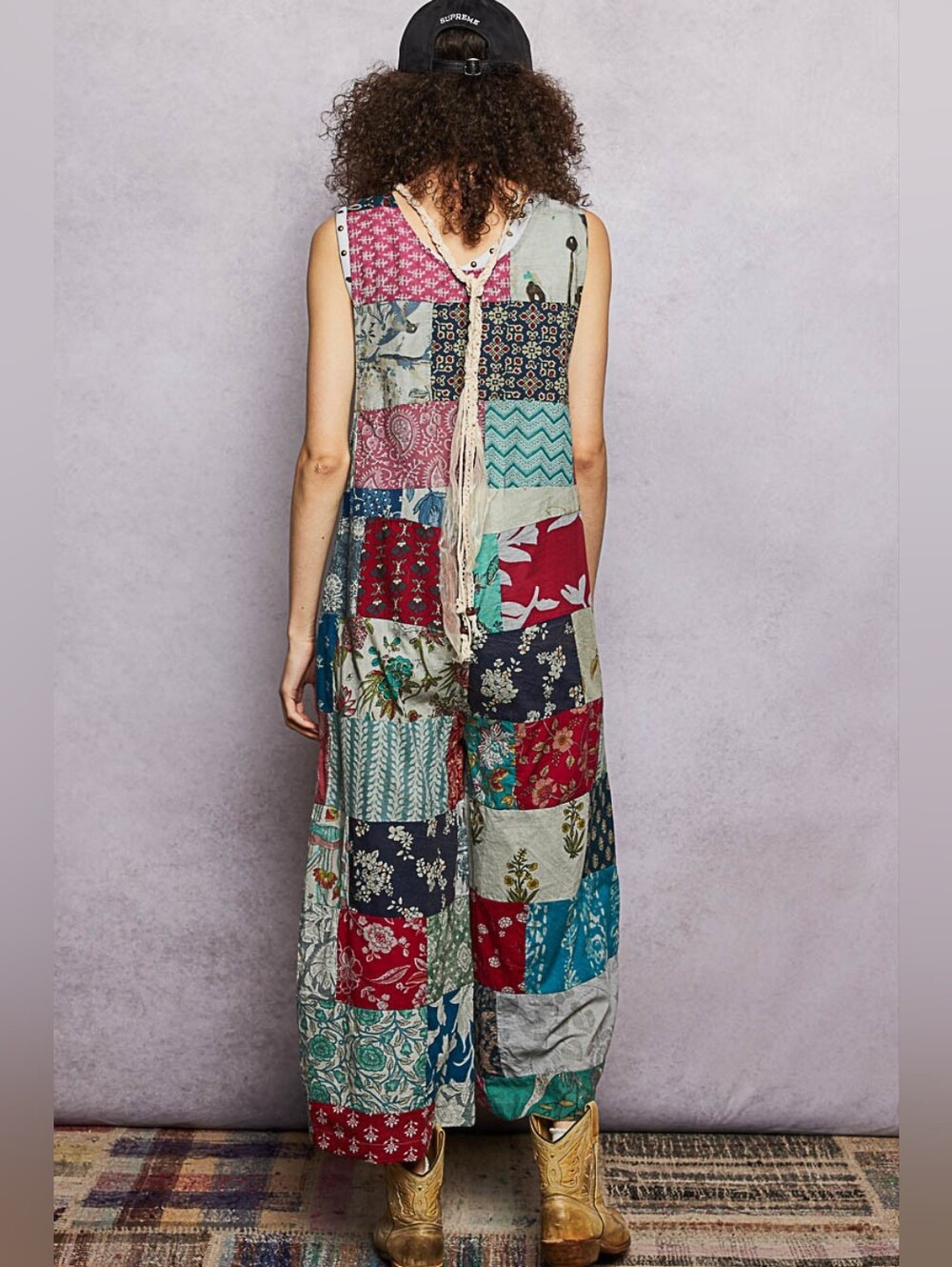 1-0509 POL Patchwork Cotton Loose Fit Light Weight Jumpsuit Overalls - Picture 7 of 8